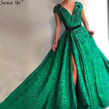 Vestido de baile com gola v padrão de diamante verde dubai, 2020, sem mangas, sexy, foto real, bla60733 2024 - compre barato
