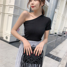 Summer Women's Off-shoulder Knitted T-shirt Girls Stretchy Solid Sexy Cropped T shirts Tees Knitwear For Female 2024 - buy cheap