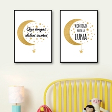 Dulces sueños españoles con citas, dormitorio sobre lienzo para pared, luna, estrellas, carteles e impresiones, imagen, decoración para habitación de niños 2024 - compra barato