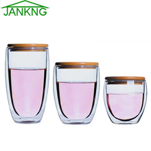 Термостойкая стеклянная чашка JANKNG для чая с бамбуковым покрытием, прозрачная стеклянная кружка ручной работы с двойными стенками для кофе, креативная прозрачная посуда для напитков 2024 - купить недорого