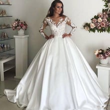 Satin Ball Gown Wedding Dresses Scoop Long Sleeves Vestidos De Noiva Court Train Lace Appliques Bridal Gown Robe De Mariee 2024 - buy cheap