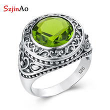 SzjinAo Silver Rings For Men Real 925 Sterling Silver Peridot Ring For Women Unisex Handmade Vintage Luxury Brand Fine Jewelry 2024 - buy cheap