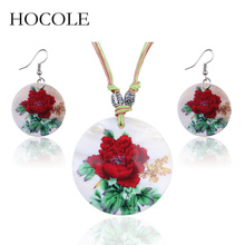 HOCOLE New Bohemia Ethnic Shell Painted Round Pendant Necklace Drop Earrings For Women Ethnic Vintage Flower Shell Jewelry Sets 2024 - buy cheap