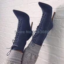 Pointed Toe Sexy Ankle Boots Blue Denim Cross Tied Thin High Heel Boots Dusty Pink Satin Side Zipper Lace Up Women Ankle Boots 2024 - buy cheap