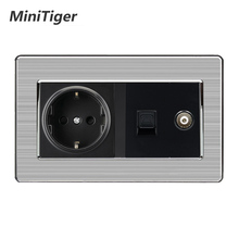 Minitiger tomada de parede padrão da ue + fêmea tv jack com rj11 2 núcleo conector telefone aço inoxidável escovado painel 2024 - compre barato