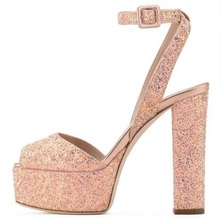 Sandalias con tacón cuadrado para mujer, zapatos con plataforma alta y correa en el tobillo, de talla grande 10, color rosa brillante 2024 - compra barato