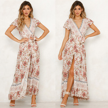 Sexy V-neck Long Dress Women Fashion Beach Maxi Dress Summer Casual Holiday Boho Floral Dresses Printed Sundress 2024 - buy cheap