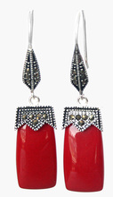 NICE VINTAGE RED CORAL 925 SILVER & MARCASITE EARRINGS 2" 2024 - buy cheap