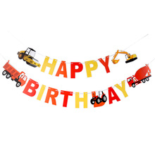 Cartel de Feliz Cumpleaños de vehículos de ingeniería, guirnalda de excavadora y camión con banderín, decoración de fiesta de cumpleaños para niños 2024 - compra barato