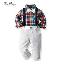 Tem doger menino conjuntos de roupas outono crianças menino roupas manga longa xadrez camisas + macacão 2 pçs outfits criança agasalho 2024 - compre barato