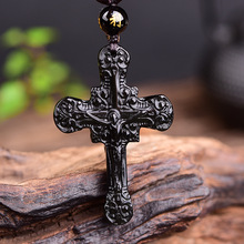 New Natural Obsidian Stone Carved Cross Jesus Christ Pendant Women Men's Amulet Lucky Jades Jewelry Pendants With Beads Necklace 2024 - buy cheap