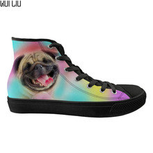Customized Colorful Animal Pug Dog Pattern Womens Flats Vulcanized Shoes Canvas Ladies High Top Leisure Sneakers Woman Spring 2024 - buy cheap