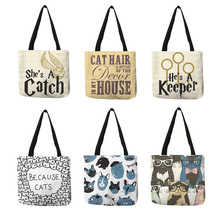 Cute  Cat Print Tote Bag For Women Customized Linen Handbag Folding Reusable Shopping Bags Traveling School Shoulder Bag 2024 - buy cheap
