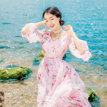 Vestido de verano para mujer de Chifón con estampado de princesa y manga acampanada para playa 2024 - compra barato