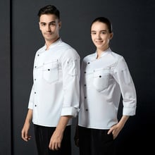 Chaqueta de cocinero blanca para hombre, uniforme de Chef transpirable de manga larga, ropa de cocinero para hombre, monos de cocina china, ropa de camarero de talla grande D-0680 2024 - compra barato