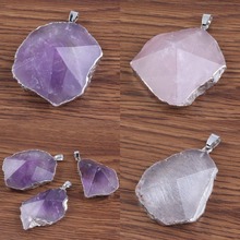 KFT покрытый серебром натуральный лечебный кристала, кварц, фиолетовые аметисты неправильной формы, розовый кварцевый кристалл, каменные подвесные украшения 2024 - купить недорого