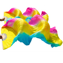 Velos 100% de seda auténtica, 1 par, seda hecha a mano, abanico para danza del vientre, rayas verticales, turquesa, amarillo, rosa, 180x90 cm, superventas 2024 - compra barato