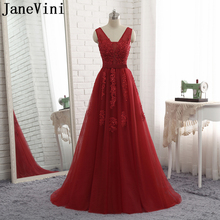 JaneVini Elegant Burgundy Bridesmaid Dresses 2018 A Line Tulle V Neck Lace Appliques Pearls Floor Length Women Formal Prom Gowns 2024 - buy cheap