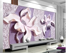 Papel de parede 3d roxo magnólia, relevo 3d, fundo de tv, flor, estereoscópico, decoração da casa 2024 - compre barato