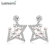 LUOTEEMI New Fashion Star Imitation Pearl with Tiny CZ Stone White Gold-Color Stud Earrings for Women Bridal Wedding Jewelry 2024 - buy cheap