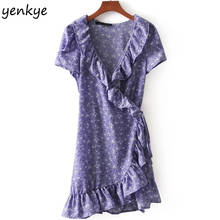 Summer Dresses Women  Lavender Printed Ruffle Wrap Dress Lady Short Sleeve Sexy Cross V Neck Tie Waist A-line Mini Dress 2024 - buy cheap