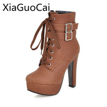 Zapatos de tacón alto de punta redonda para mujer, botas de piel auténtica a la moda, con cordones, 35-43 talla grande, para primavera y otoño 2024 - compra barato