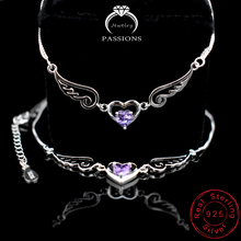 Hot 925 Sterling Silver Love Heart Angel Wing CZ Jewelry Set Purple AAA Zircon Pendant Necklace And Bracelet Women Fashion Gift 2024 - buy cheap