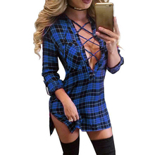 Spring 2019 Sexy Deep V-neck Lace Up Mini Dresses Women Ladies New Bandage Plus Size Plaid Dress Female Vestidos Blue Black 2024 - buy cheap