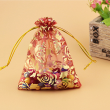 New Fashion 500pcs/lot Gold Rose Printing Organza Wedding Party Favor Gift Candy Jewellery Bags Pouches Red 9x12cm 2024 - buy cheap