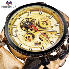 Forsining relógio mecânico masculino dourado, relógio de pulso mecânico automático de corrida dourado brilhante com pulseira de couro 2019 2024 - compre barato