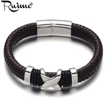 RUIMO 316L Stainless Steel Male Bracelets X Style Charm Men Bracelet Wide Braided Black & Brown Leather Cuff Bangles Jewelry 2024 - buy cheap