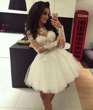 White 2019 Homecoming Dresses Ball Gown Long Sleeves Tulle Appliques Lace Short Mini Elegant Cocktail Dresses 2024 - buy cheap