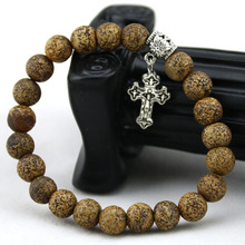 Catholic bracelets 8mm The bark Onyx Natural stone Bracelet Cross Pendant pulseras women and men 2024 - buy cheap