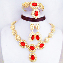 Oro color rojo rhinestone boda flor Juegos de joyería Africana moda mujer Juegos de joyería 2024 - compra barato
