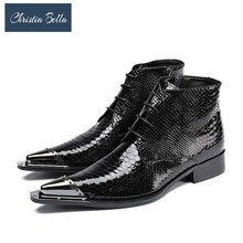 Botas masculinas de couro legítimo, tornozelo preto com cadarço, vestido de festa, bico ponteagudo, sapatos estilo oxford 2024 - compre barato