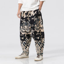 Chinese Dragon Pattern Printed Cotton Trousers Nepal Loose Linen Pants Men Soft Natural Flax Pants Elastic Waist Comfortable 2024 - buy cheap