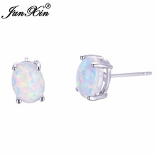 JUNXIN Cute Small Oval Opal Stud Earrings Flower Design Double Sided Earrings For Women Silver Color Jewelry 2024 - buy cheap