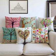 Mão-pintado estilo dos desenhos animados flores e plantas árvores padrão floral linho fronha para casa sofá capa de almofada decorativa 45x45cm 2024 - compre barato