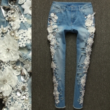 Mais tamanho 25-32! strass diamante jeans 2021 nova moda feminina fino miçangas rendas flores denim lápis magro jean 2024 - compre barato