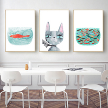 Nórdico Cartaz Gato Peixes Dos Desenhos Animados Animal Print Arte Da Parede Da Lona Pintura Moderna Minimalista Parede Pictures for Living Room Home Decor 2024 - compre barato