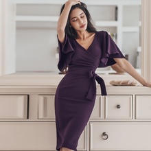 Dresses Summer 2019 Pencil Dress Midi Elegant Womens Clothing V Neck Flunce Lace Up Office Dresses Ladies 2019 DD2103 2024 - buy cheap