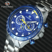 FORSINING-Reloj de pulsera automático, cronógrafo Mecánico Militar con fecha, correa de acero inoxidable, esfera azul de marca de lujo 2024 - compra barato