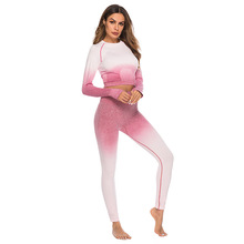 Ombre Seamless 2 Piece Set Yoga Set Women Sport Suit Gym Workout Clothes Long Sleeve Fitness Crop Top And Scrunch Butt Leggings 2024 - buy cheap