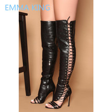 2019 Side Hollow Design Women Over The Knee Gladiator Sandals Boots Open Toe Cross-Tied Sexy High Heels Shoes Woman Long Boots 2024 - buy cheap