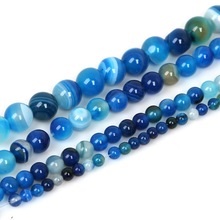 Cuentas redondas de piedras naturales para fabricación de joyas, abalorios teñidos a rayas de 4/6/8/10mm de tamaño mixto, azul claro oscuro, para pulsera, bricolaje 2024 - compra barato