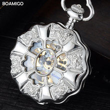 FOB men pocket watches luxury mechanical watches BOAMIGO brand skeleton roman number watches flower case gift clock reloj hombre 2024 - buy cheap