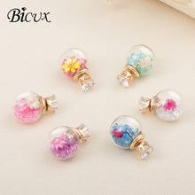 Brincos de cristal para mulheres bicux, brincos pequenos de cristal para mulheres da série coreana, de flor de bola de vidro, zircônia cúbica colorida 2024 - compre barato