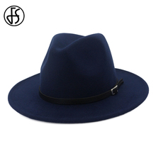 FS Осенняя темно-синяя фетровая шляпа с широкими полями для мужчин, Классическая фетровая шляпа в стиле джаз, женские зимние церковные шапки с поясом Sombrero Copa 2024 - купить недорого