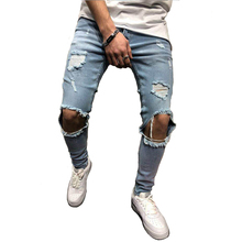Мужские джинсы, легкие рваные обтягивающие джинсовые брюки с дырками до колена, Стрейчевые брюки 2024 - купить недорого