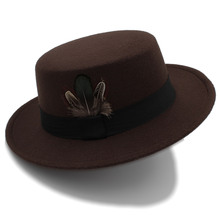 Winter Autumn Dad Flat Fedora Hat For Elegant Gentleman Wool Pork Pie Boater Sombrero Mujer Hat With Feather Fascinator Hats 2024 - buy cheap